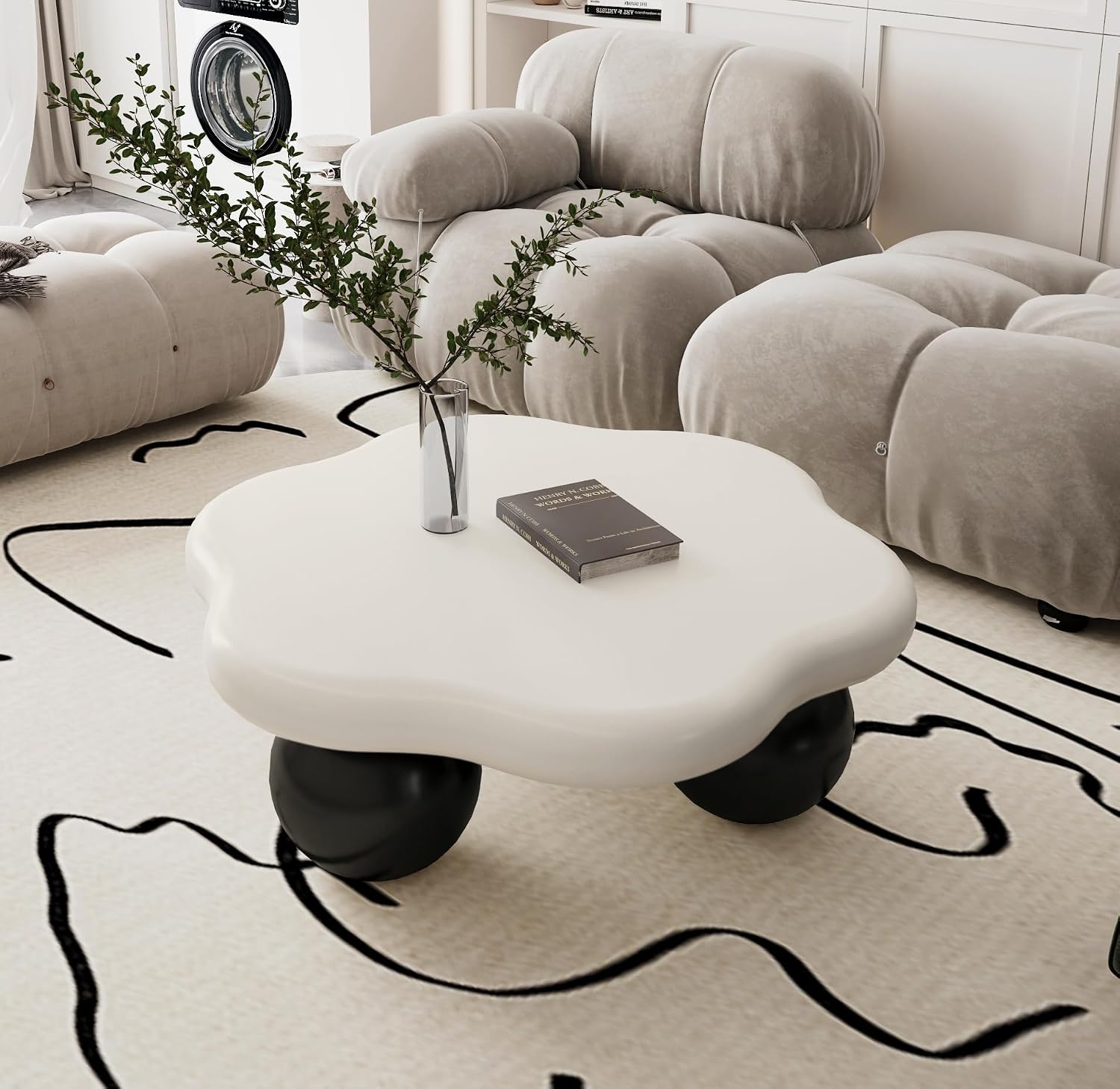 35.03' Cloud Coffee Table for Living Room Unique Coffee Table Modern Low Coffee Tables Cute Center Table with 3 Ball Legs for Small Space Apartment Cream Flower-White & Black