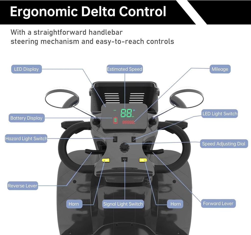 Mobility Scooters for Seniors & Adults 400 Lb Weight Capacity,4-Wheel Heavy Duty Foldable Portable Scooter,All-Terrain Disability Electric Wheelchair,Electromagnetic Brake,Storage Box,Black