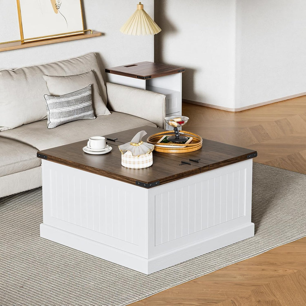 Farmhouse Coffee Table with Storage, Square Wood Coffee Tables for Living Room, Large Center Table with Flip-Top Lid, 31.5 Inch (White and Rustic Brown)
