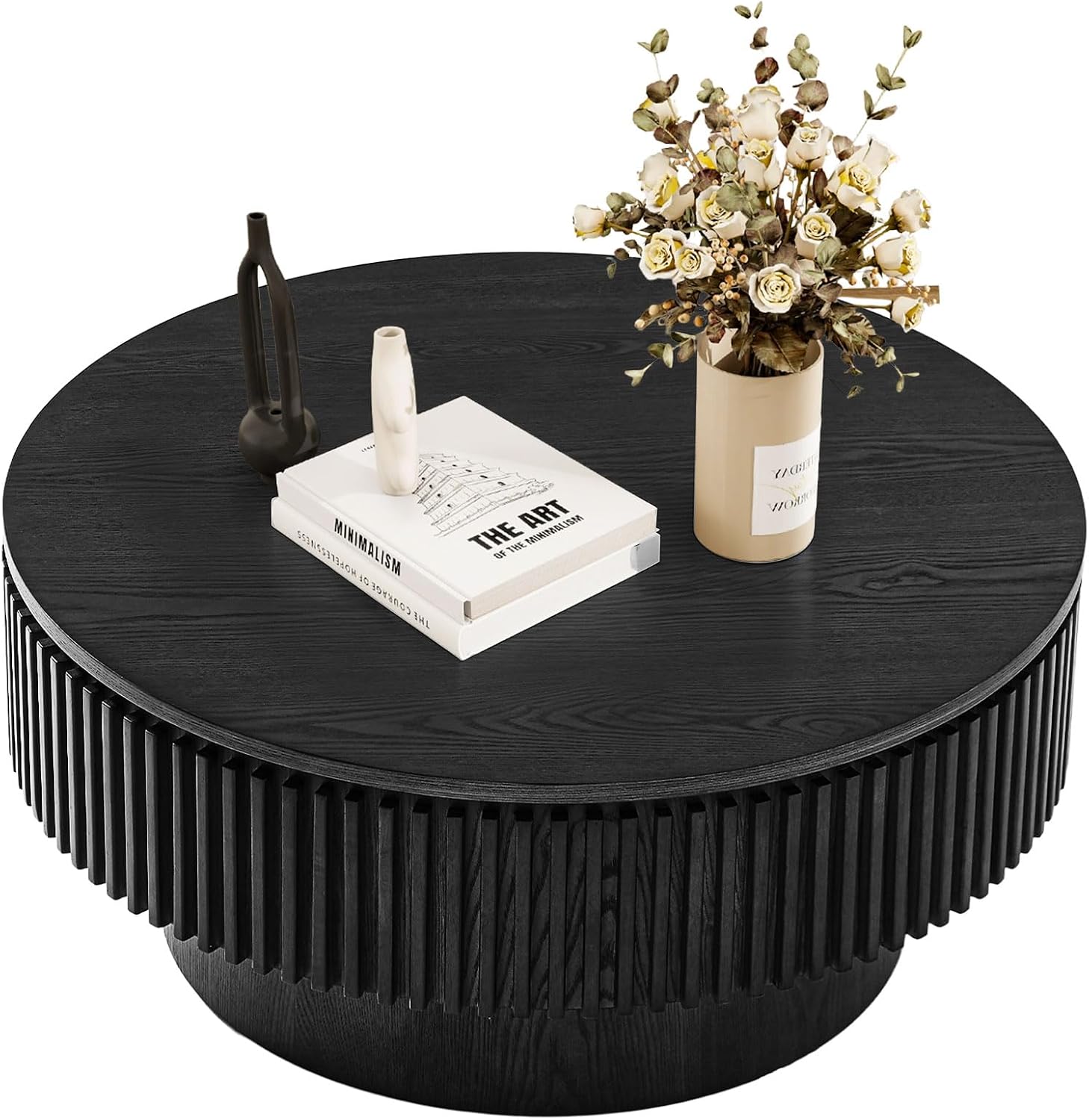Round Coffee Table with Storage, Small Solid Wood Coffee Table for Living Room, Mid Century Modern Circle Center Tables for Small Space Apartment (31.5''D×14''H-Black)