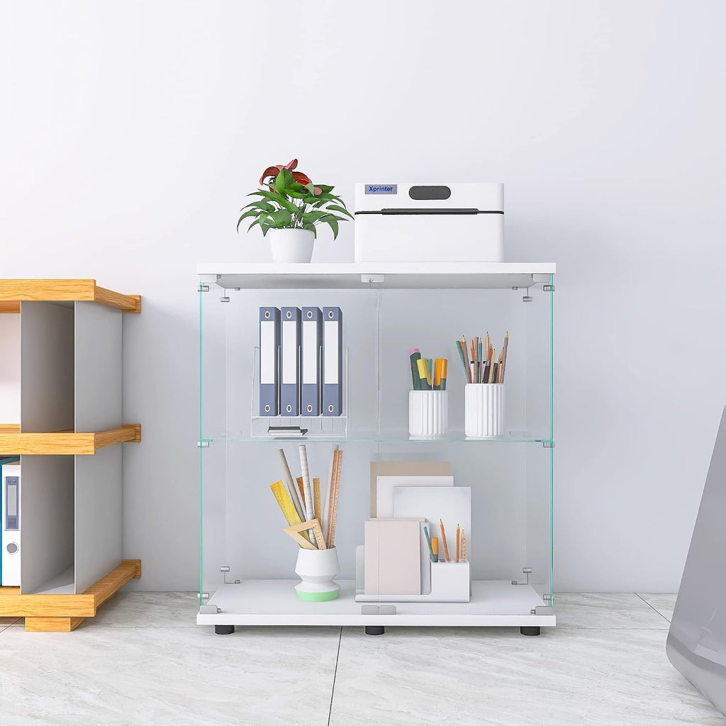 33.35' Two-Door Glass Display Cabinet 2 Shelves with Door,Floor Standing Curio Bookshelf w/Locks,Transparent Full Viewing Angle Cabinets for Living Room,Bedroom,Showroom,Office,White