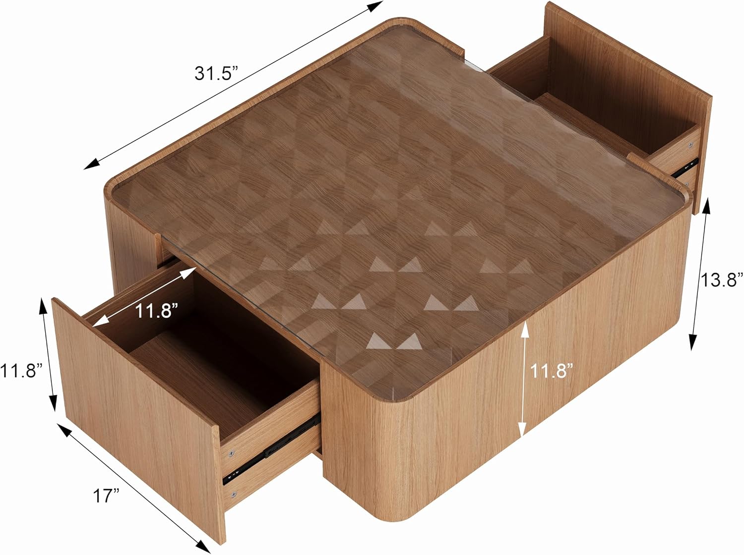 31.5' Square Coffee Table with Glass Tabletop, Mid Century Modern Wood Coffee Table with Drawer, Contemporary Center Table Safe Curved Corners for Living Room, Oak