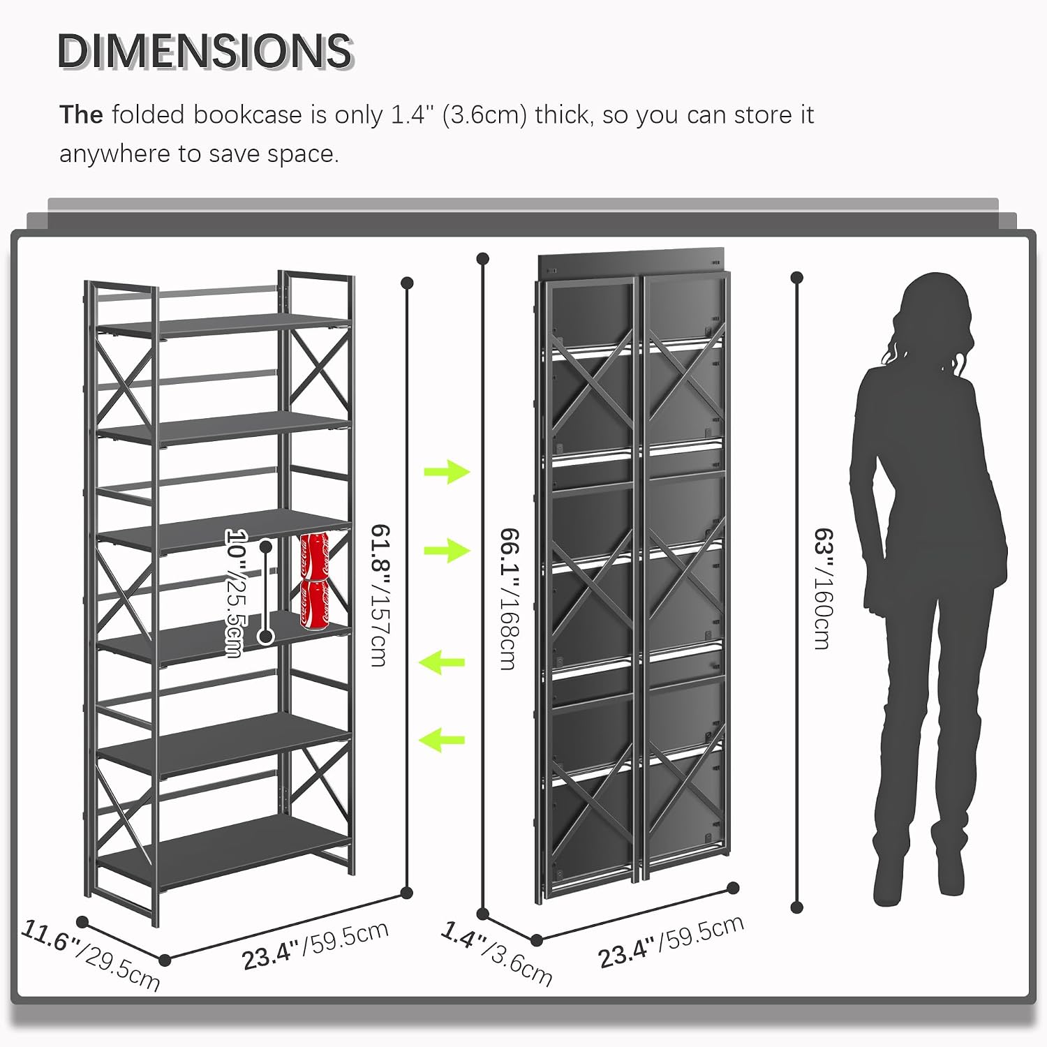 4NM 6 Tiers No Assembly Book Shelves, 61.8' H Folding Bookshelf Bookcase Open Industrial Foldable Shelves for Bedroom, Living Room, Home Office - All Black