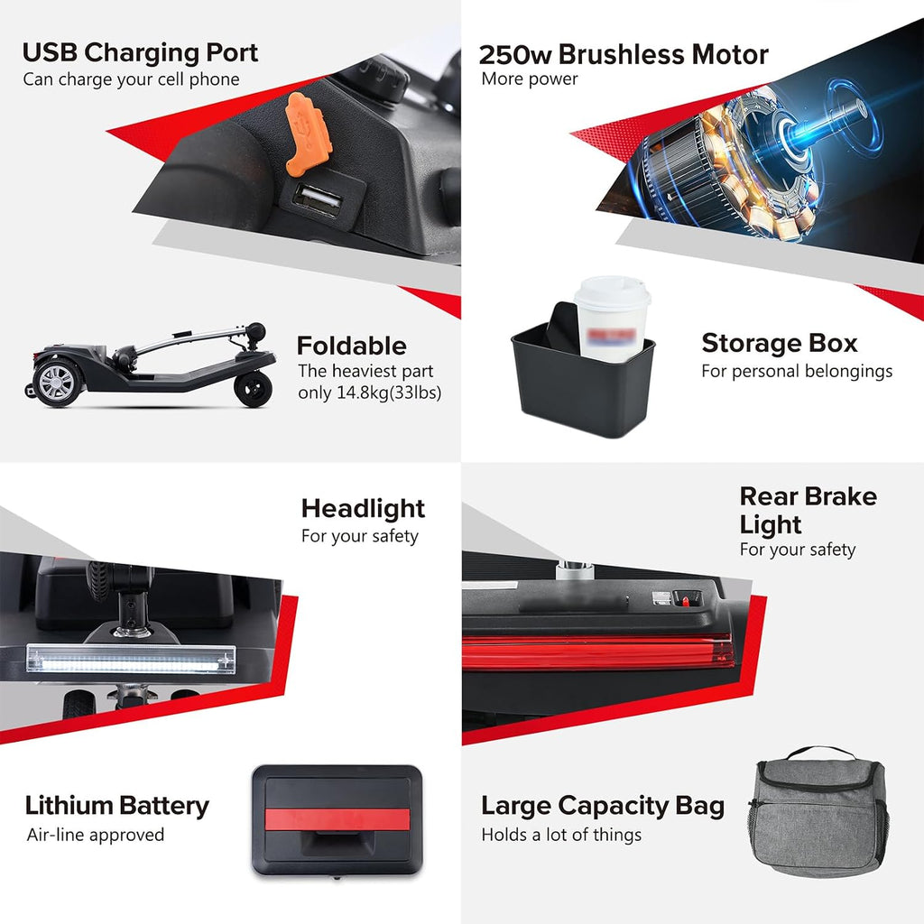 Mobility Scooters for Seniors & Adults 350 Lb Weight Foldable,All-Terrain 4-Wheel Powered Scooter,Lightweight Portable Folding Design,Disability Electric Wheelchair,w/Led Lights,15Miles,red