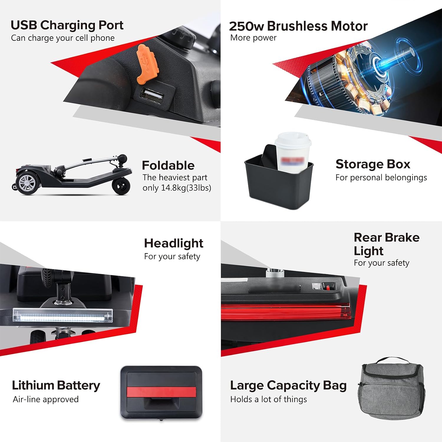 Mobility Scooters for Seniors & Adults 350 Lb Weight Foldable,All-Terrain 4-Wheel Powered Scooter,Lightweight Portable Folding Design,Disability Electric Wheelchair,w/Led Lights,15Miles,red