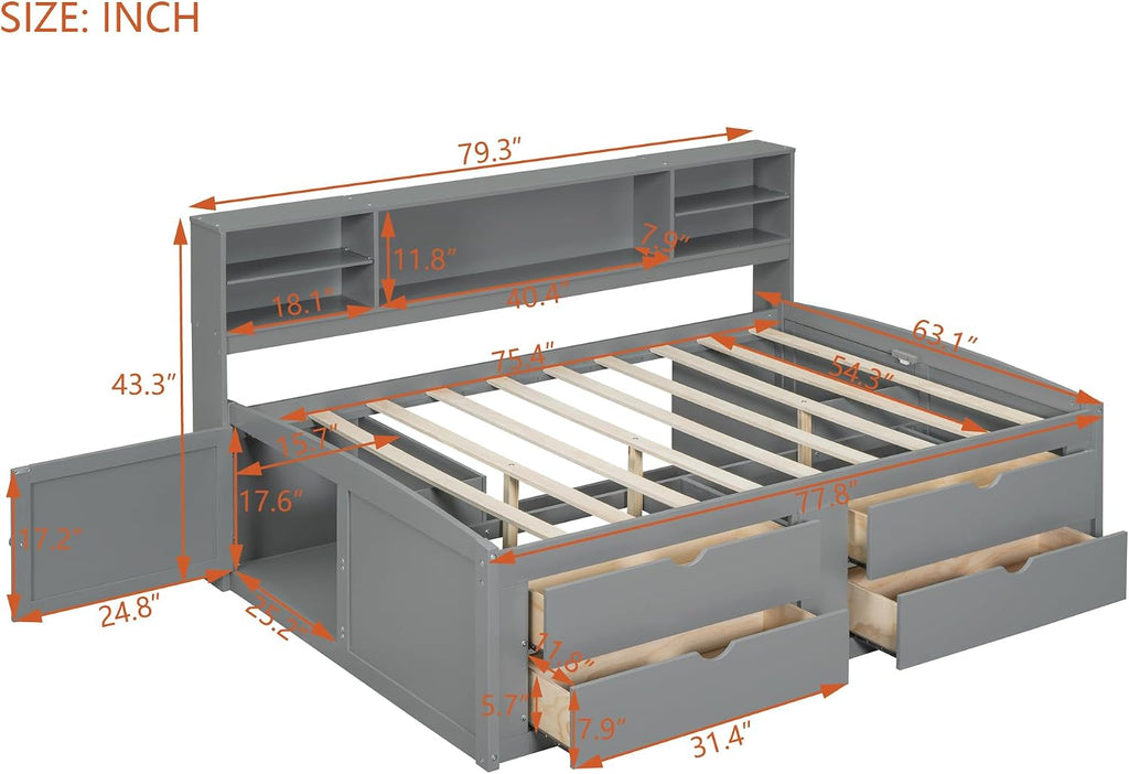 Merax Full Size Daybed with 2 Bedside Cabinets and 4 Drawers, Full Corner Bed Platform Bed with Upper Shelves for Bedroom, No Box Spring Needed, Gray