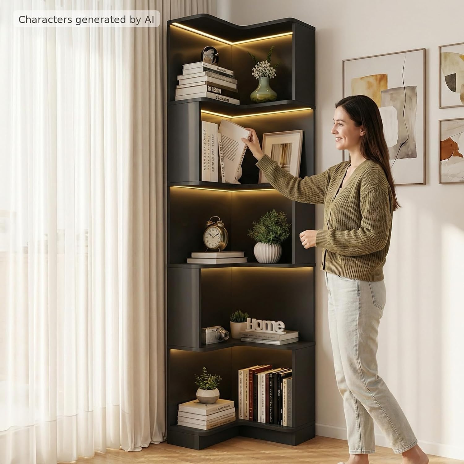 Corner Bookshelf, 5 Tier Tall Corner Bookcase with LED Lights, Freestanding L Shaped Open Display Shelf for Living Room, Bedroom, Home Office (Black)