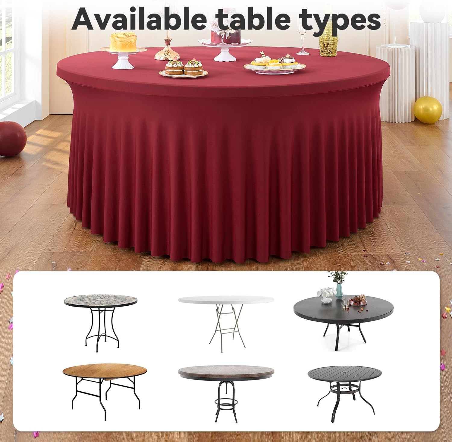 leegleri 8 Pack Burgundy 60inch Spandex Round Tablecloths, Stretchy 120inch Fitted 5FT Round Table Cloths, Wrinkle Free Table Cover with Skirt for Wedding Party Dining Banquet