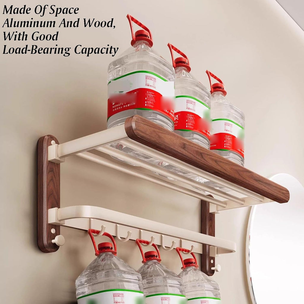 Space Aluminum+Solid Wood Towel Rack,Double Layer Bar Wall Mounted,with Foldable Shelf and Hooks,Bathroom Accessories,for Bedroom Bathroom Kitchen