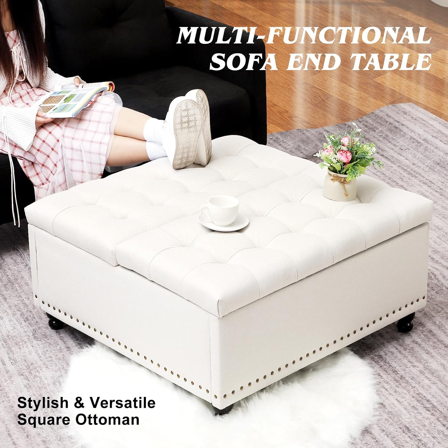 Grepatio Square Tufted Ottoman with Storage - 35.5' Large Lift-Top Storage Ottomans Upholstered Coffee Table for Living Room Bedroom (White)