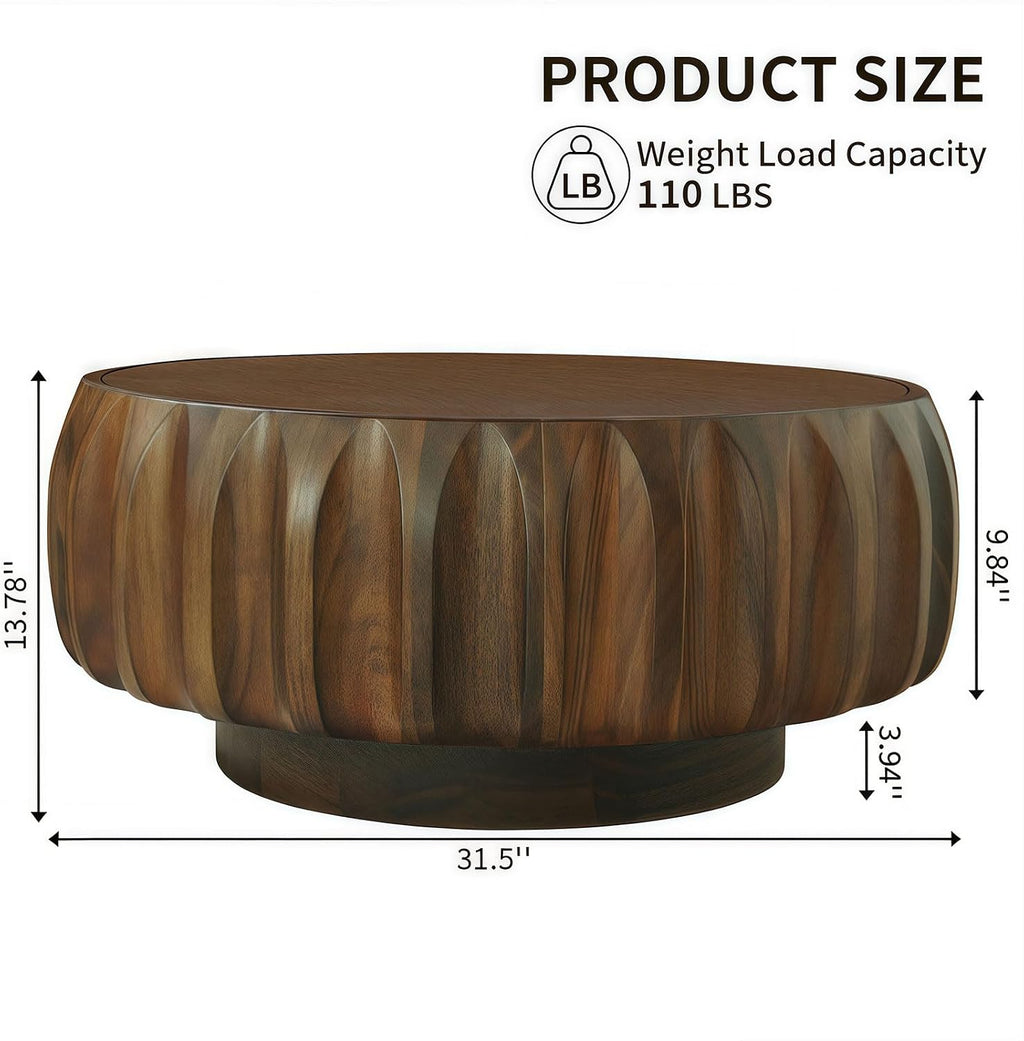 31.5'' Walnut Round Wood Coffee Table for Living Room, Modern Contemporary Circle Fluted Drum Pedestal Coffee Table, Natural Wood Grain & Easy Assembly, Walnut