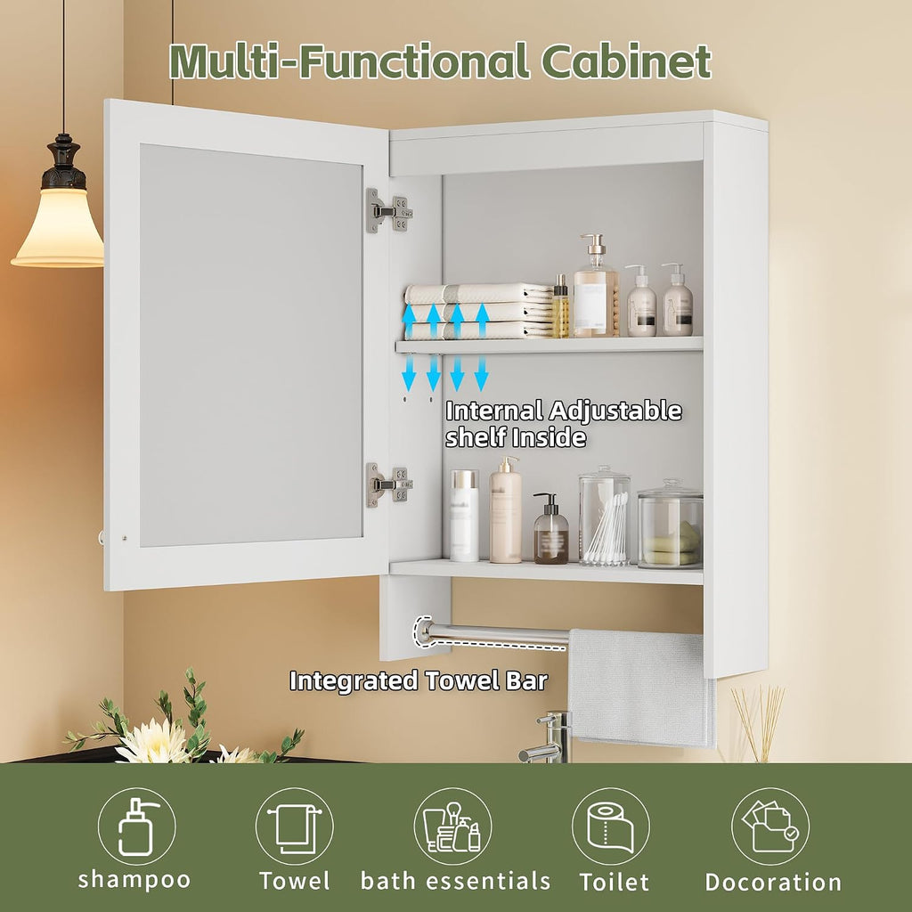 Wall Mounted Bathroom Mirror Cabinet with Soft-Close Door and Adjustable Shelf, 20' White Medicine Cabinet with HD Mirror and Towel Bar, MDF and Rubber Wood Construction for Bathroom Storage
