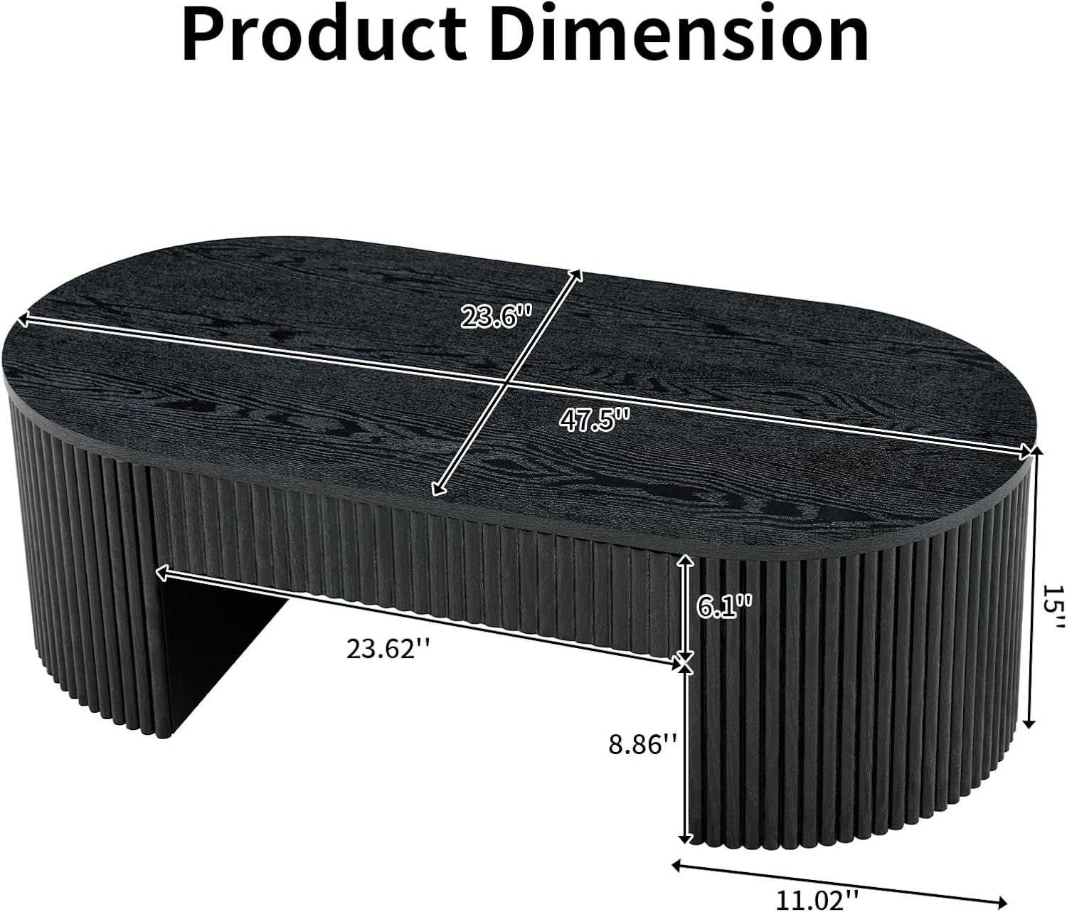 LKTART Black Coffee Table Oval, 47.5' Fluted Wood Coffee Table with Drawer, Mid Century Modern Center Tables for Living Room Bedroom Office, Black