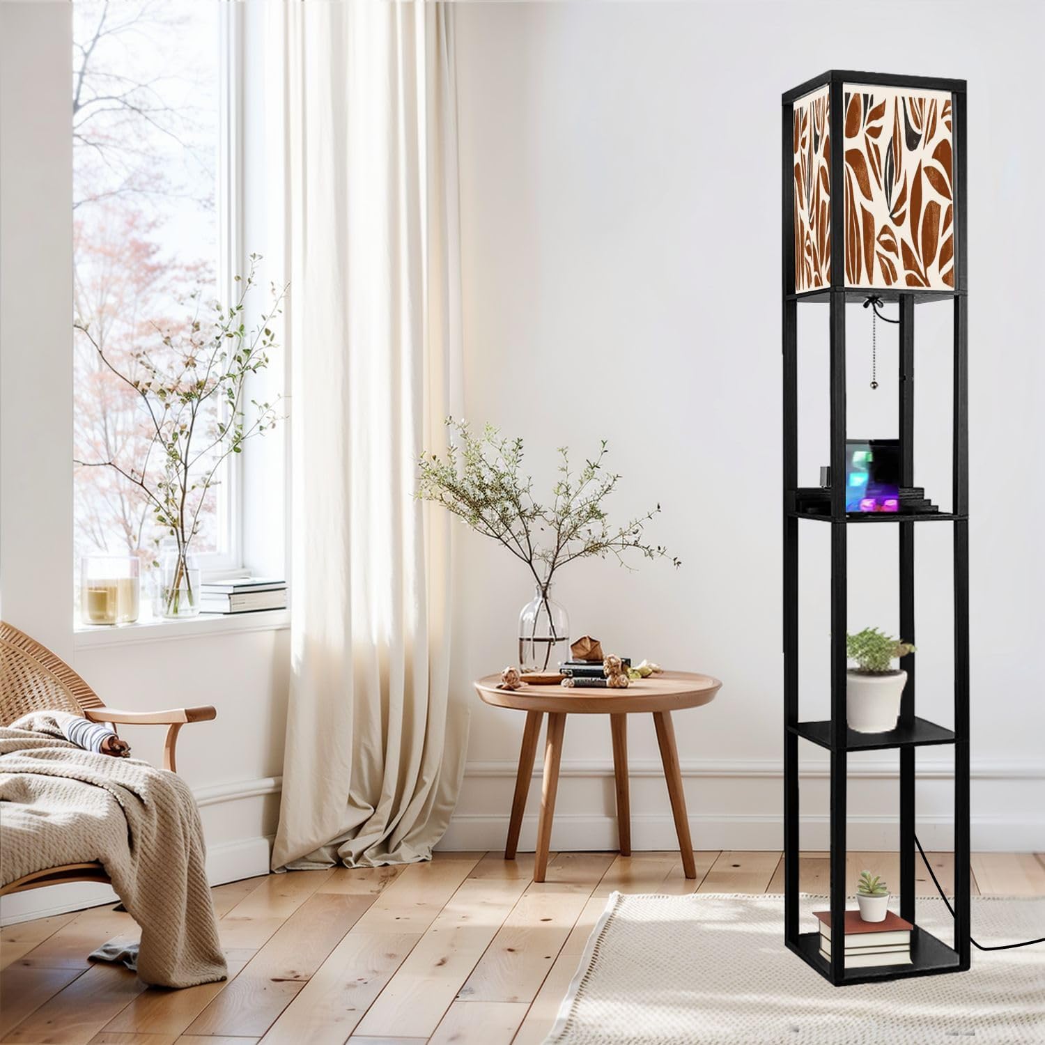Floor Lamp with Shelves Hand drawn minimal abstract autumn pattern Collage contemporary print Standing Tall Lamp USB Ports & Power Outlet Modern Corner Lamp Nightstand Light for Living Room Bedroom