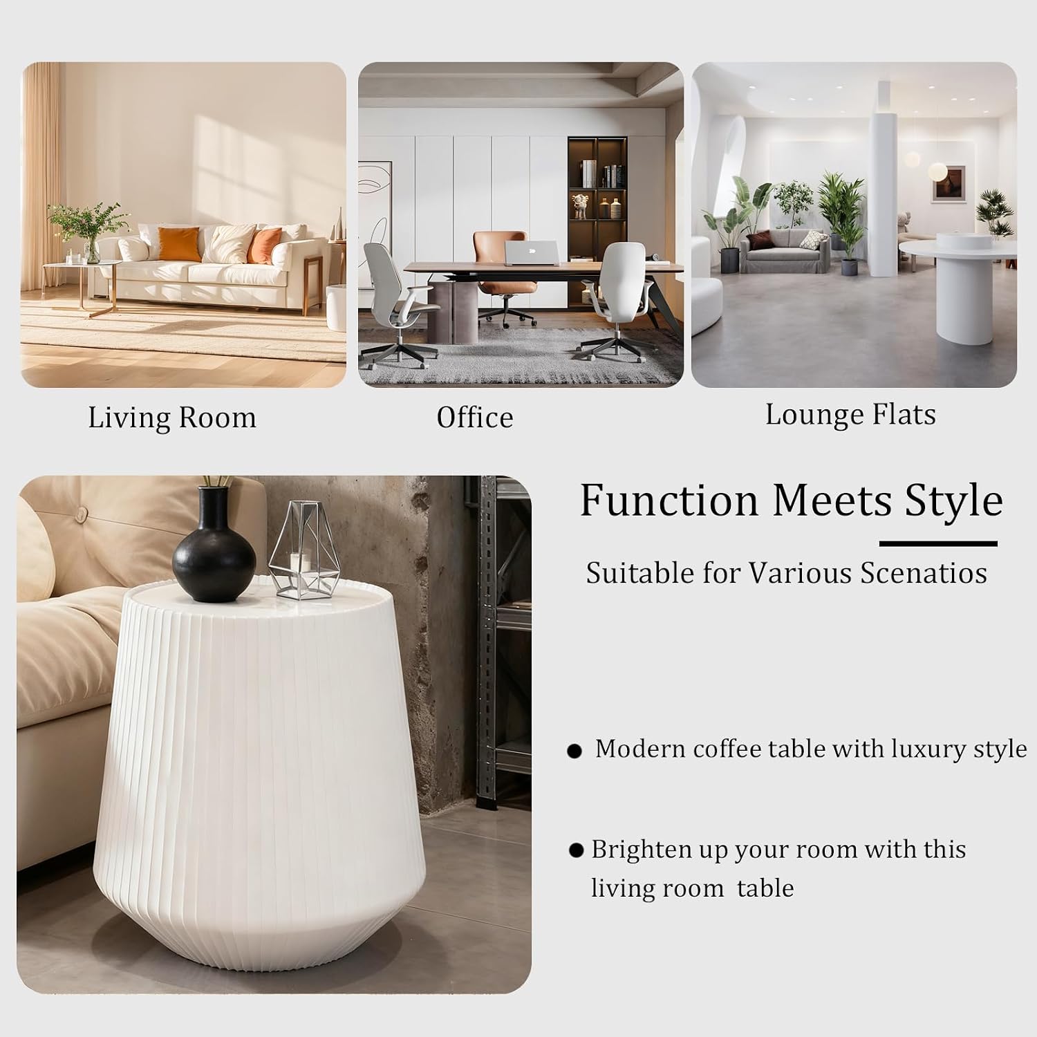 Round Coffee Table Set with Sintered Stone Tabletop, 26.77' Black Drum Center Table and 19.68' White Coffee Table Set, 2 Pieces Living Room Table Set with Fluted PU Leather Cover& Stable Base