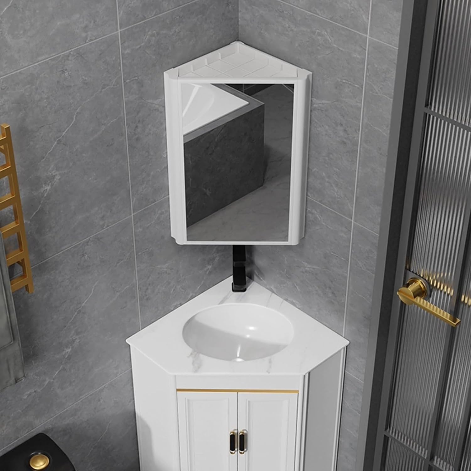 Bathroom Mirror Cabinet, Corner Vanity Mirror for Small Space, Wall Mounted Bathroom Storage Cabinet with Mirror, Aluminum Alloy Construction IP54 Waterproof (Color : White)
