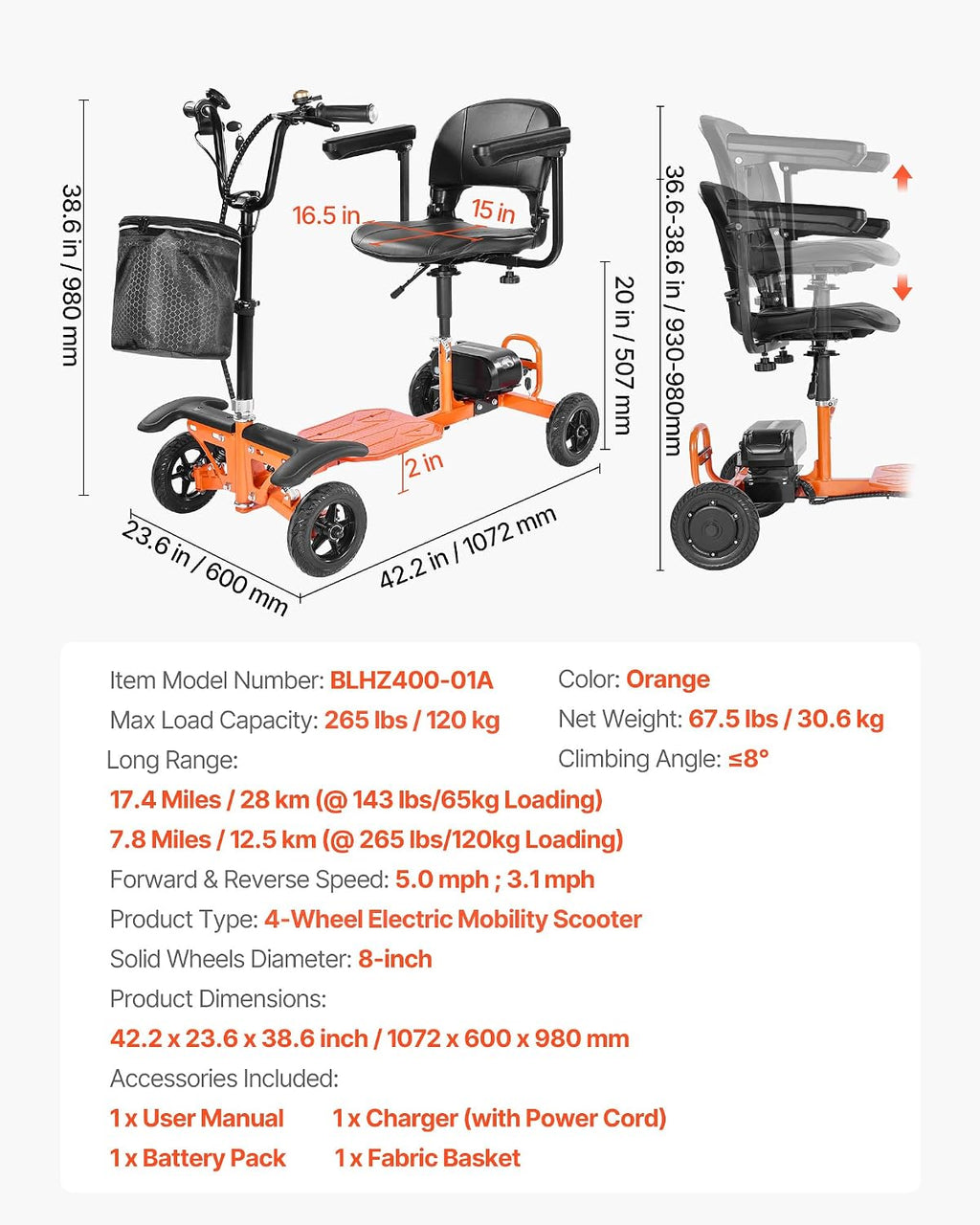 VEVOR 2025 Upgraded Lightweight Mobility Scooter for Adults & Seniors, 50lb Foldable, FAA & Cruise Approved with 12 Mile Range – Powered by Large 48V 5.2Ah Battery (No Frequent Battery swaps)