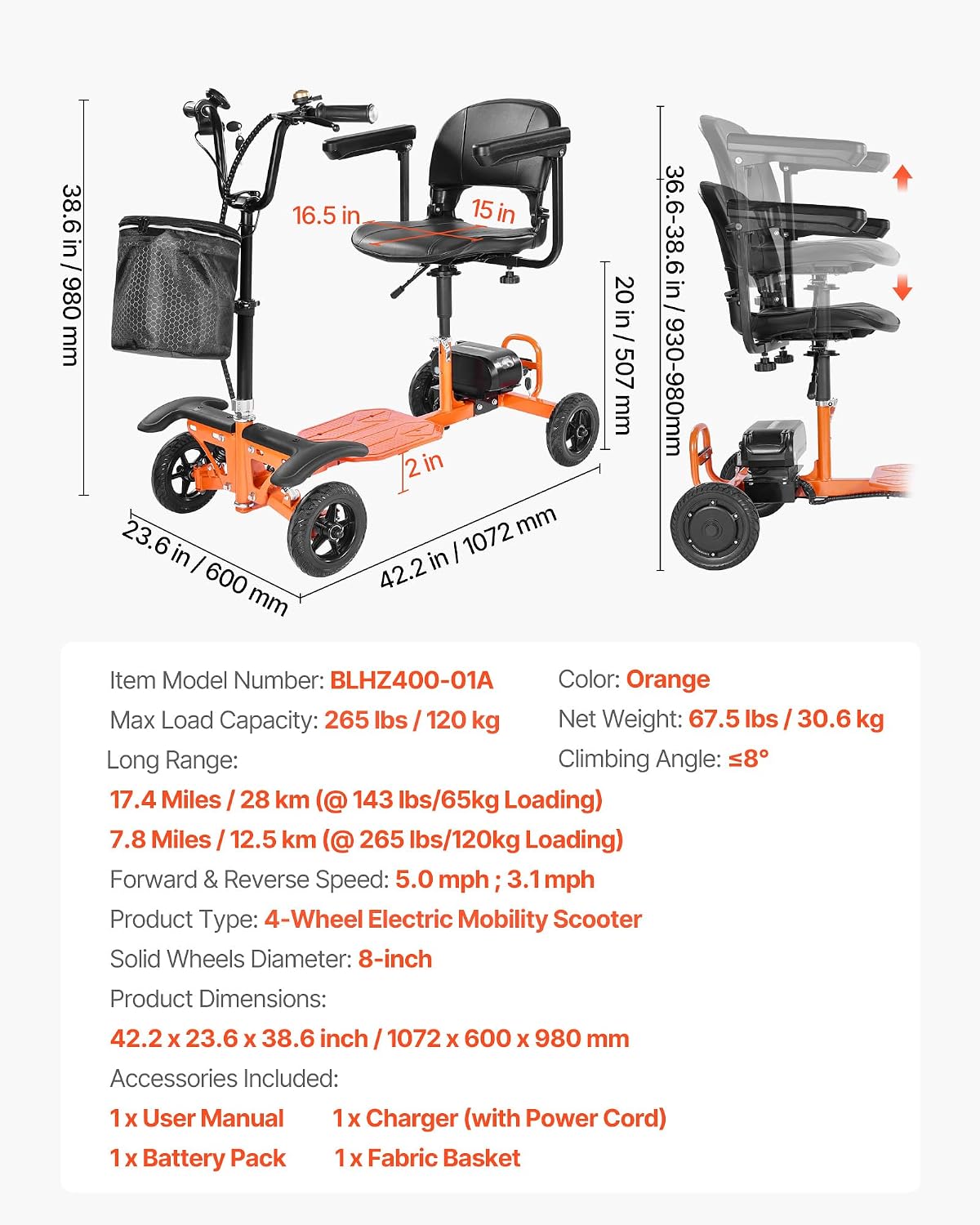 VEVOR 2025 Upgraded Lightweight Mobility Scooter for Adults & Seniors, 50lb Foldable, FAA & Cruise Approved with 12 Mile Range – Powered by Large 48V 5.2Ah Battery (No Frequent Battery swaps)