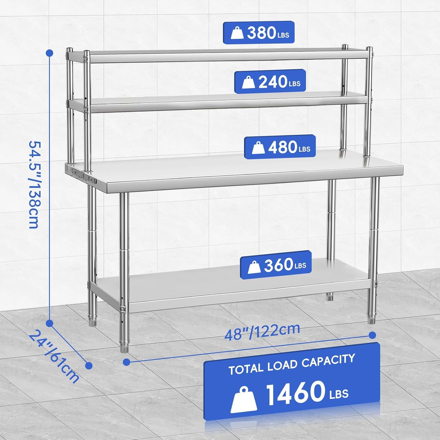 Garvee 48x24 in NSF Stainless Steel Prep Table with Adjustable Overshelves & Hooks – Commercial Kitchen Island for Restaurant, Home & Hotel, Heavy-Duty Workbench with Rust-Resistant Coating