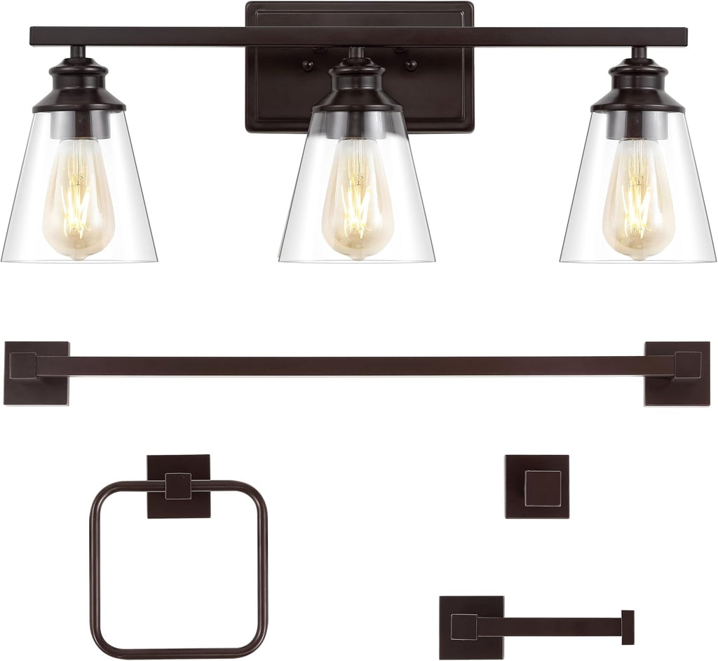 JONATHAN Y JYL1500A Arlo 22.88' 3-Light Vintage Classic Vanity Light with Bathroom Hardware Accessory Set, Oil Rubbed Bronze (5-Piece) - Towel Bar & Ring, Toilet Paper Holder, Robe Hook