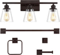 JONATHAN Y JYL1500A Arlo 22.88' 3-Light Vintage Classic Vanity Light with Bathroom Hardware Accessory Set, Oil Rubbed Bronze (5-Piece) - Towel Bar & Ring, Toilet Paper Holder, Robe Hook