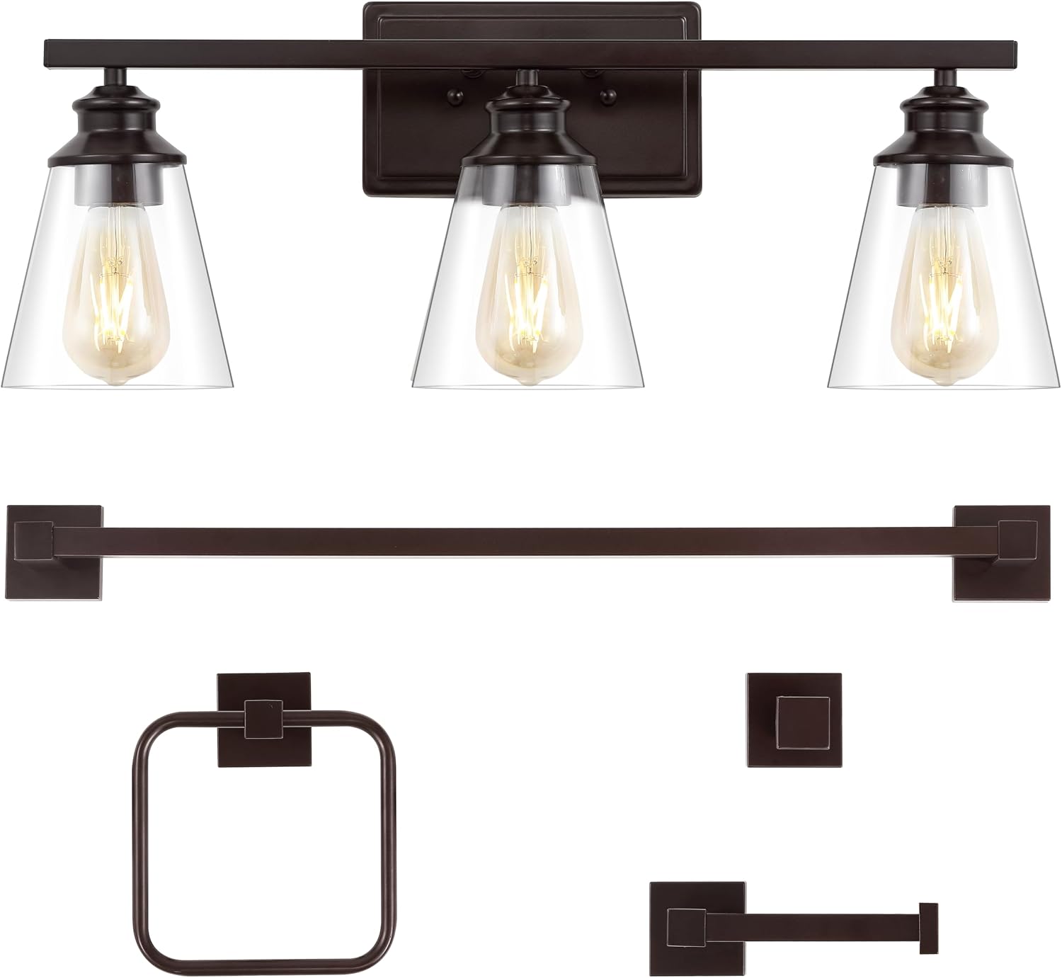 JONATHAN Y JYL1500A Arlo 22.88' 3-Light Vintage Classic Vanity Light with Bathroom Hardware Accessory Set, Oil Rubbed Bronze (5-Piece) - Towel Bar & Ring, Toilet Paper Holder, Robe Hook