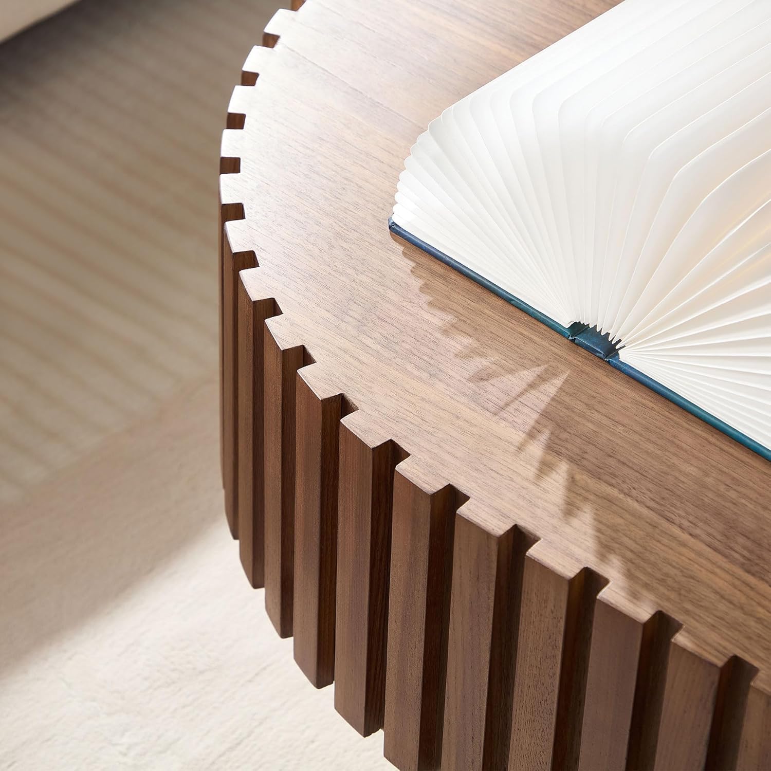 Oval Coffee Table for Living Room Fluted Coffee Table Mid Century Modern Center Table Wood Tea Table with Pedestal Home Furniture Office Apartment Easy Assembly 43.7' Walnut