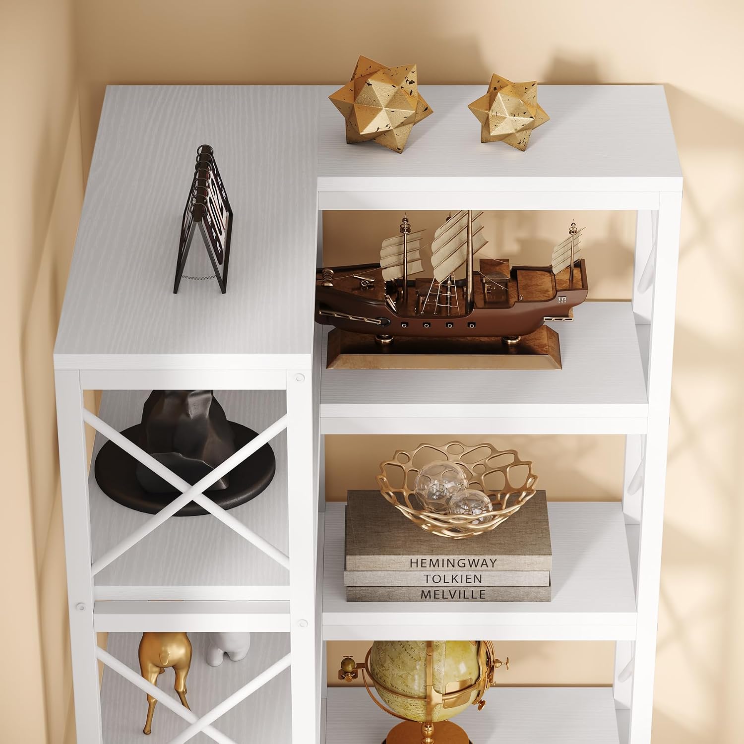 LITTLE TREE 7-Tier Tall Corner Book Shelf,White Corner Bookshelf, Modern Bookcase Metal Storage Shelves for Bedroom Living Room or Home Office