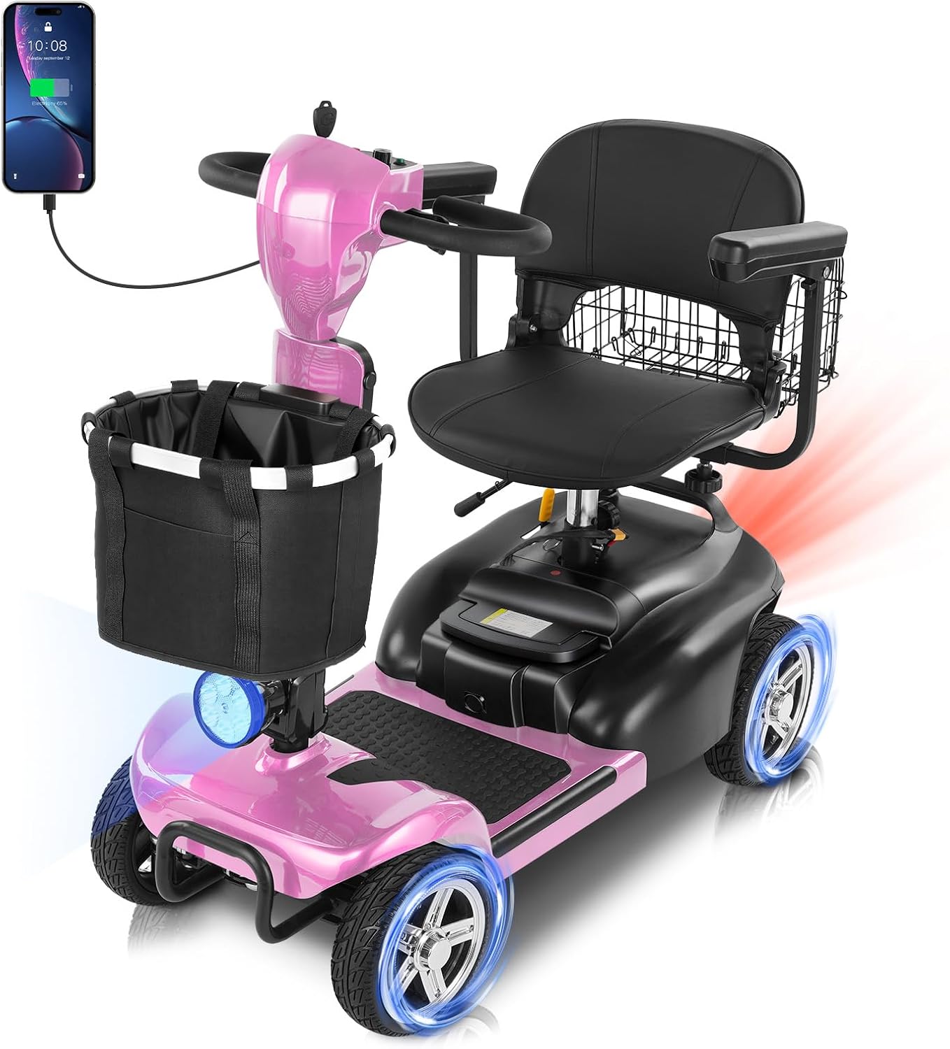 20 Miles 4 Wheels Mobility Scooter for Seniors/Adults Up to 300LBS,350W Electric Wheelchair Detachable Lithium Battery,Dual Baskets,Rotating Seat,with Taillight, USB Charging, Pink