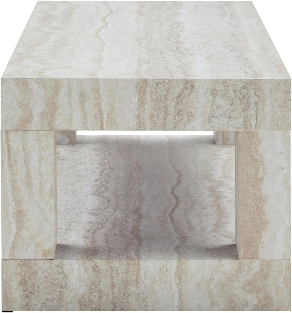 39.4' Faux Mars Coffee Table with Storage, 2-Tier Travertine Coffee Table with Thick Tabletop, Mid Century Travertine Cocktail Center Tea Tables with Bottom Shelf for Living Room, Office, Apartment