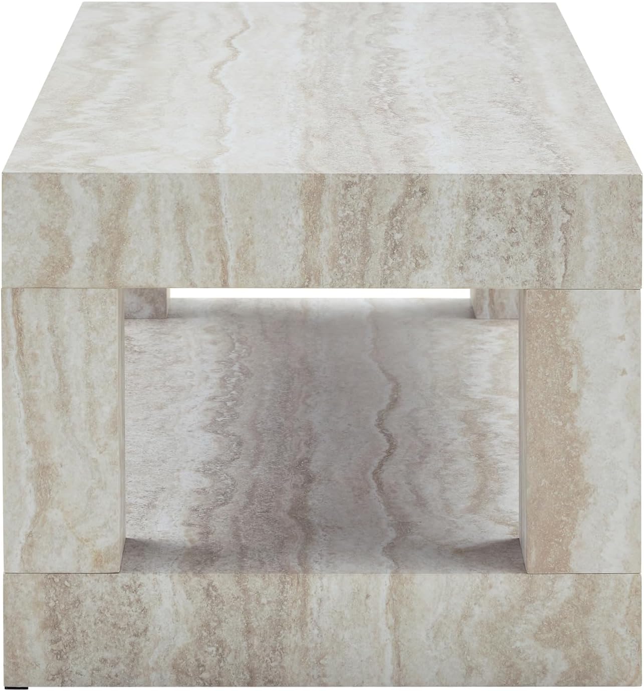 39.4' Faux Mars Coffee Table with Storage, 2-Tier Travertine Coffee Table with Thick Tabletop, Mid Century Travertine Cocktail Center Tea Tables with Bottom Shelf for Living Room, Office, Apartment