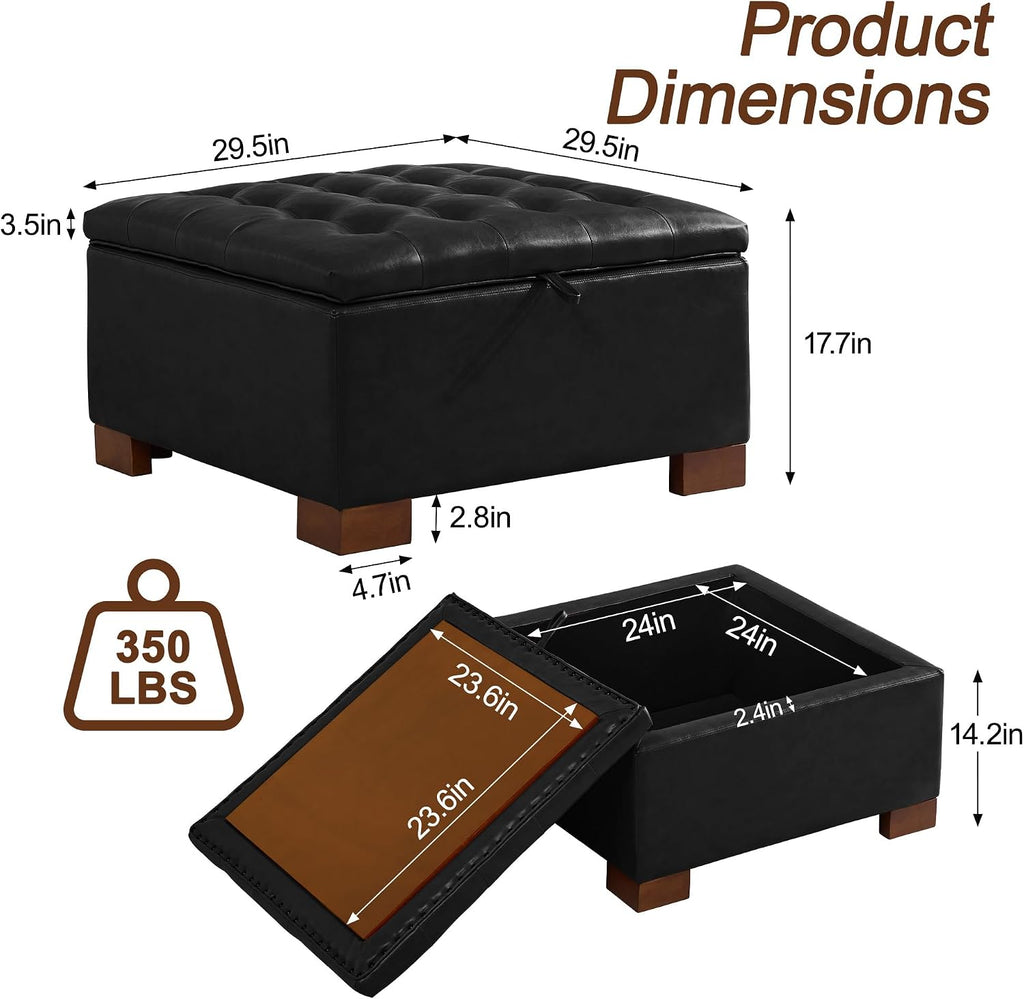 WUTUTUEE 30' Faux Leather Square Storage Ottoman with Wooden Tray, Modern Tufted Button Footstool Coffee Table, Upholstered Large Ottoman for Living Room, Bedroom, Black
