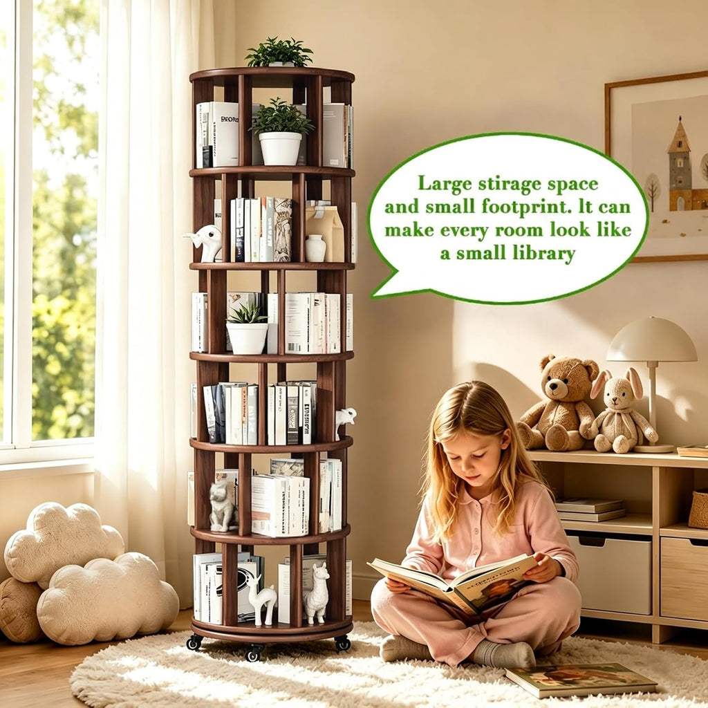 6 Tier Rotating Solid Wood Bookshelf, Corner Small Bookshelf Lazy Susan Organizer,Circular Rotating Spinning Bookshelf on Wheels, Revolving 360° Bookshelf for Small Spaces for Bedroom