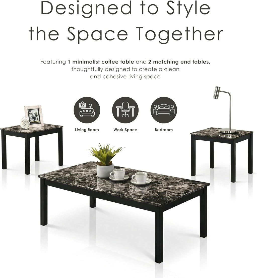 Furniture of America Isime Modern Contemporary Solid Wood 47.5-inch 3-Piece Coffee Table Set with Faux Marble Top for Living Room, Office, Black and White