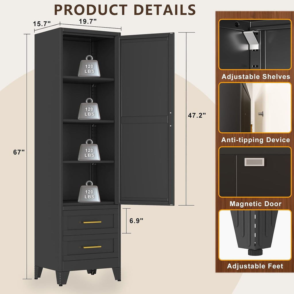 67' Tall Narrow Metal Storage Cabinet, Freestanding Pantry Organizer, Black | Slim Bathroom Cabinets with 2 Drawers & 3 Adjustable Shelves, Multi-Use Cupboard for Kitchen Office Living＆ Dining Room