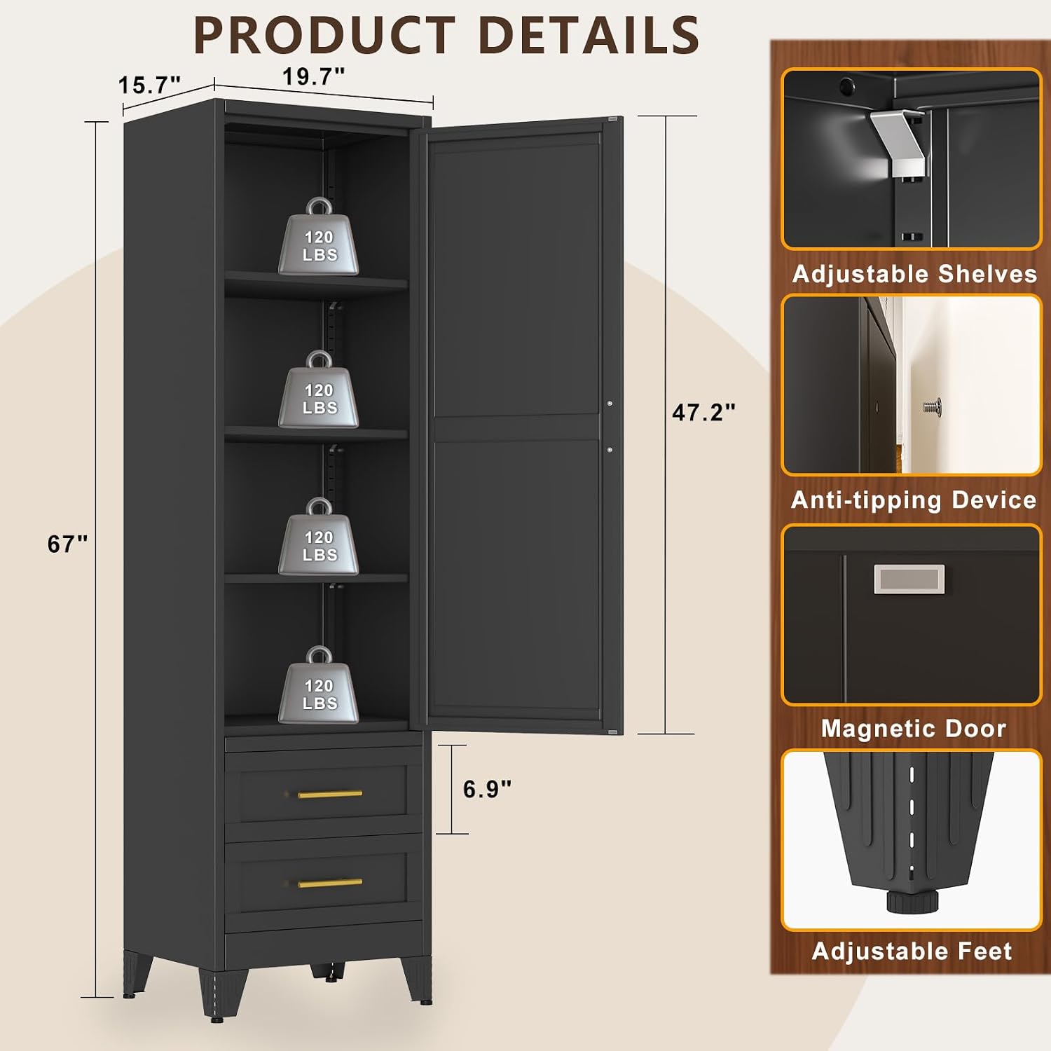 67' Tall Narrow Metal Storage Cabinet, Freestanding Pantry Organizer, Black | Slim Bathroom Cabinets with 2 Drawers & 3 Adjustable Shelves, Multi-Use Cupboard for Kitchen Office Living＆ Dining Room