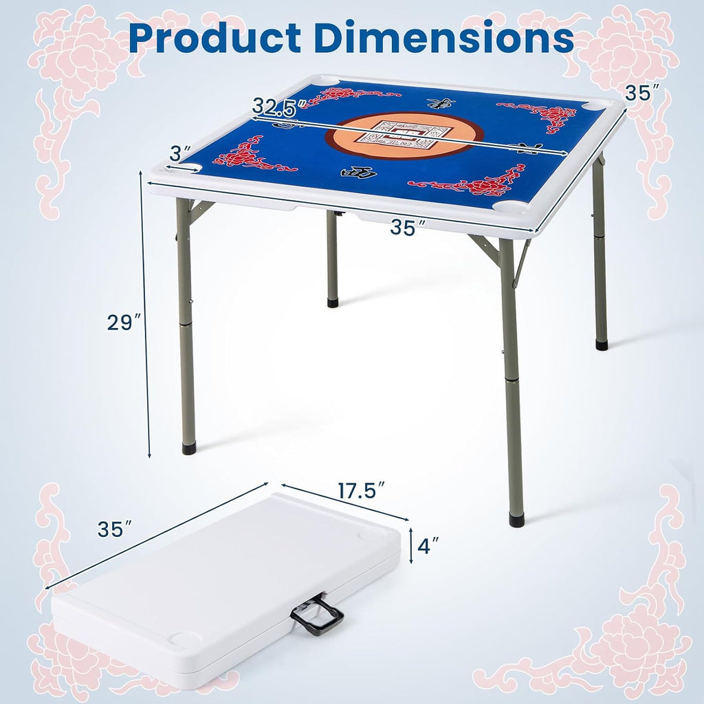 Goplus Mahjong Table, 35' Square Folding Card Table w/4Cup Holders, Anti Slip Mat, HDPE Tabletop, Metal Legs, Portable Mahjong Game Table for Domino Game, Picnic (Table w/Removable Mat, Blue)