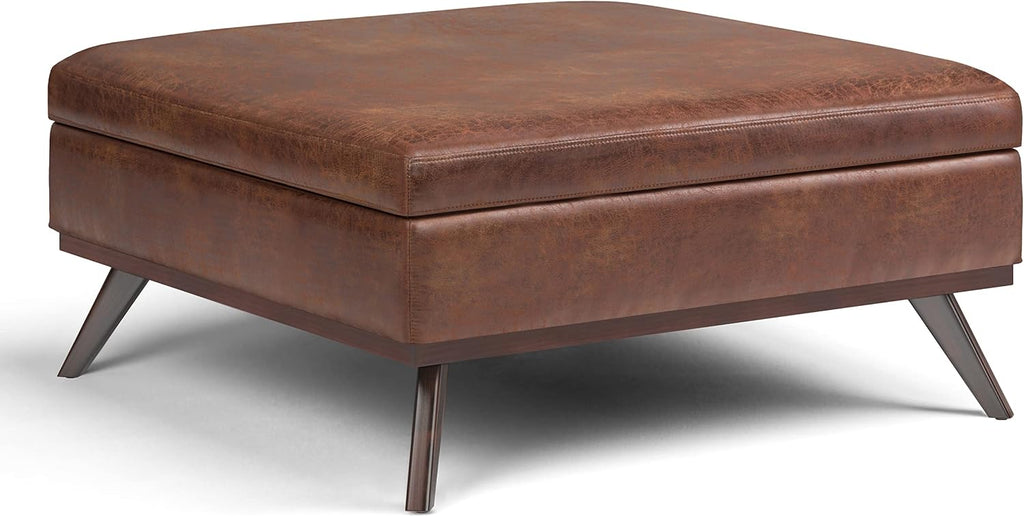 SIMPLIHOME Owen XL Square Coffee Table Storage Ottoman - 40 inch Wide Upholstered Vegan Leather Lift-Top Ottoman in Distressed Saddle Brown, Mid-Century Modern Ottoman for Living Room with Storage