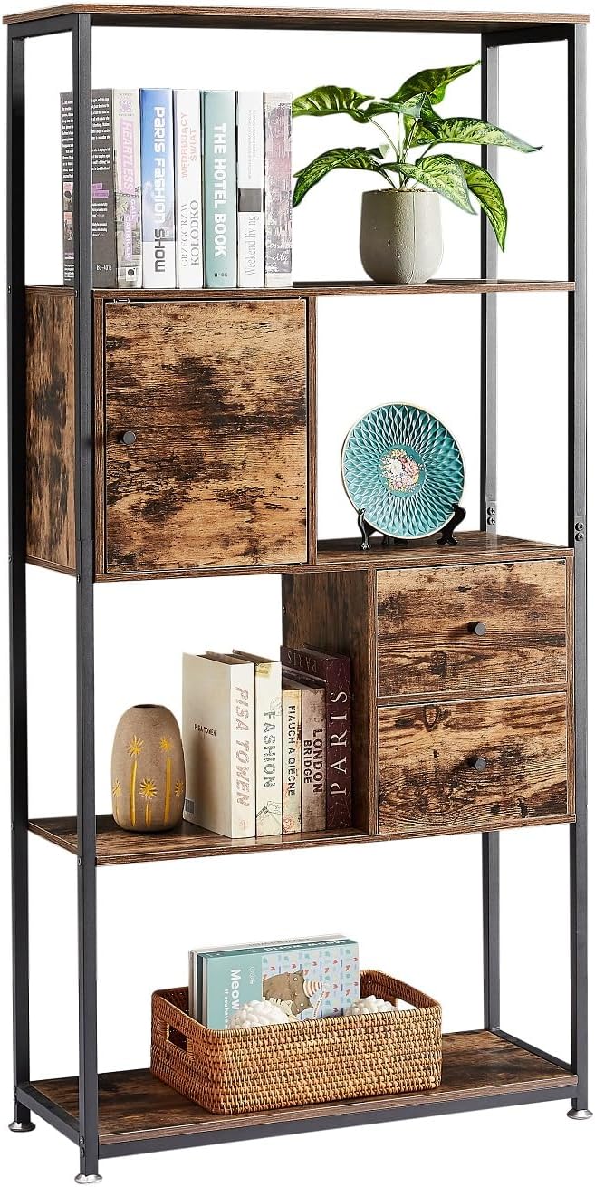 VECELO 5 Tier Bookshelf,62inch Height Bookcase with 2 Storage Drawers and 1 Cabinet, Wooden Shelves with Metal Frame,Open Book Shelves Standing Shelf Unit for Living Room, Bedroom,Office