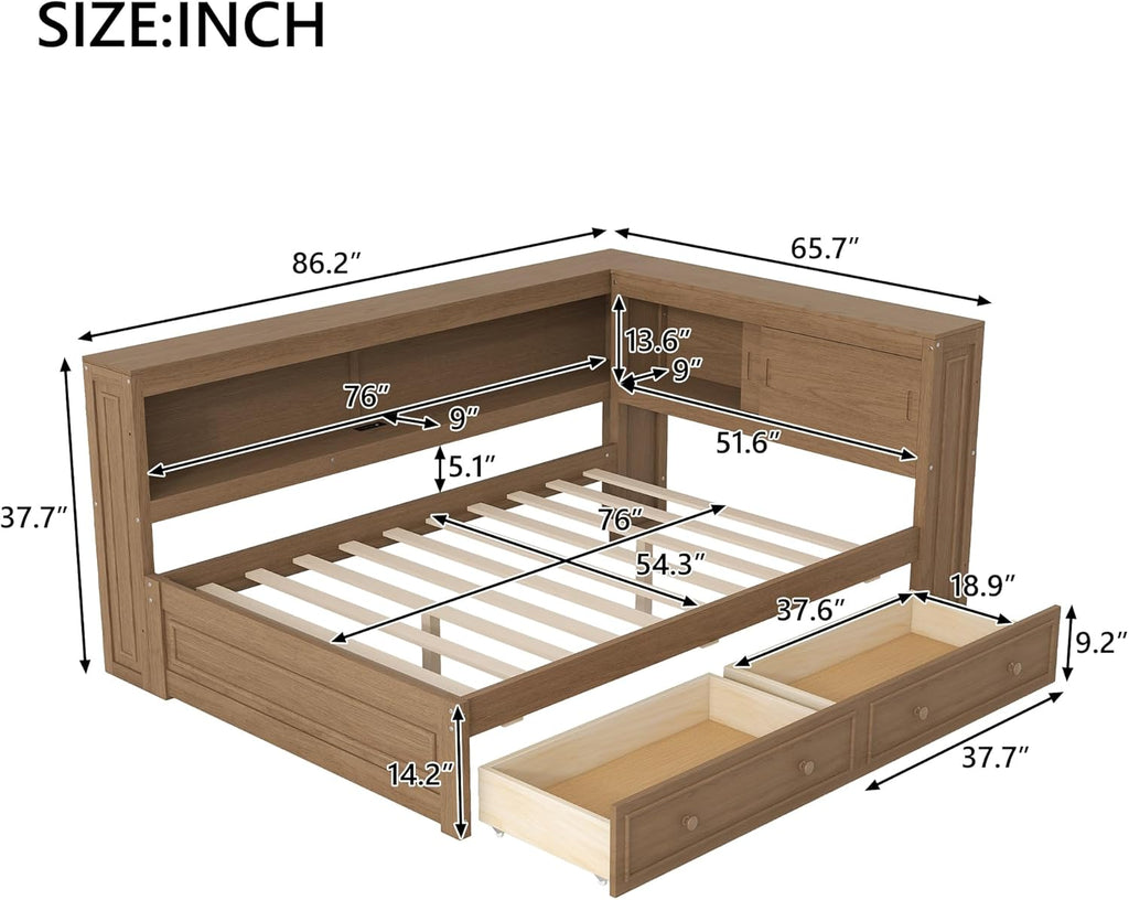 Full Size Daybed with Storage Drawers and Shelves,Antique Wood | Convertible Headboard,Pine Wood Corner Bed,Charging Station,LED Lights,Kids Boys Girls Teens