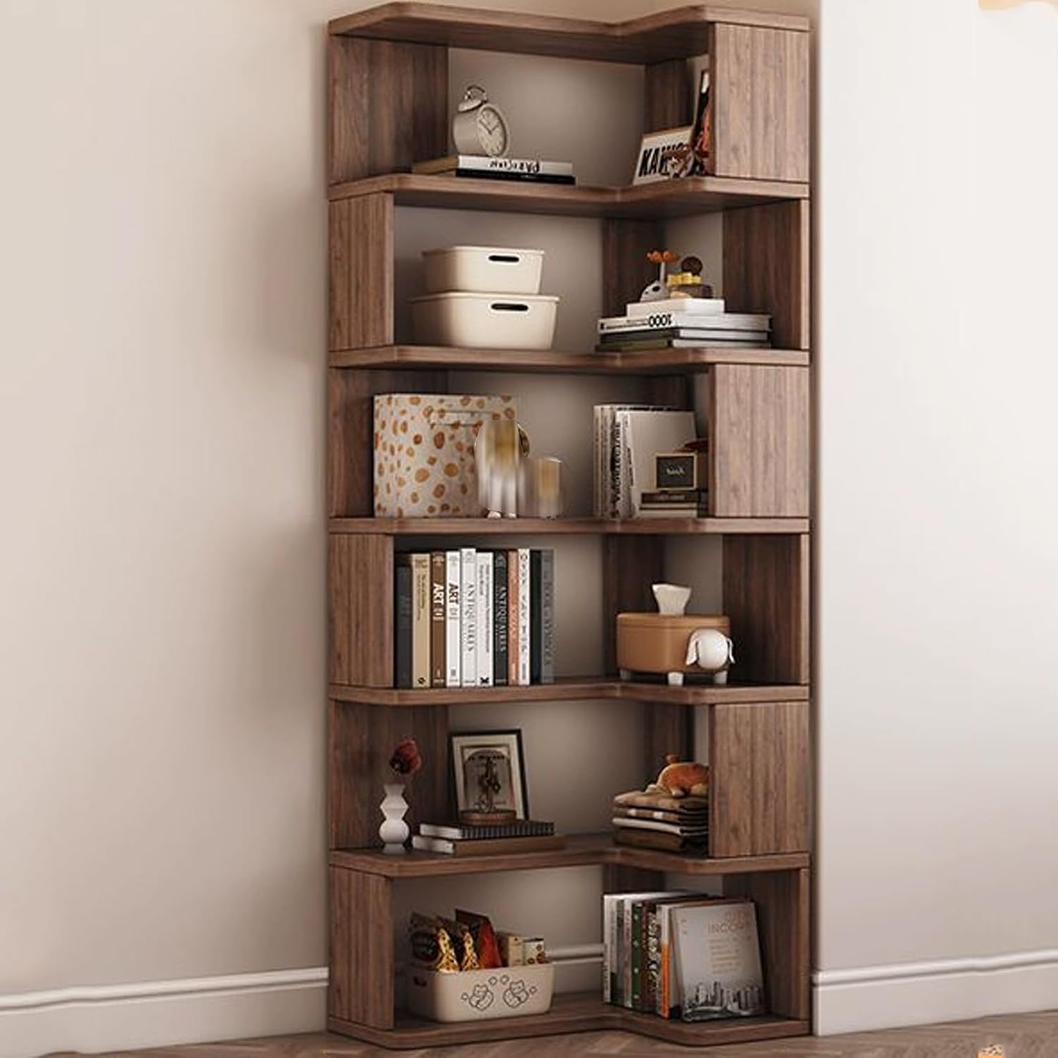 Open Shelf Corner Bookshelf, Multi-Layer Corner Shelf, Wooden Cube Display Shelf, Corner Bookcase Toy for Small Space, Book Storage, for Game Room, Bedroom(Black Walnut,60x40x191.3cm)