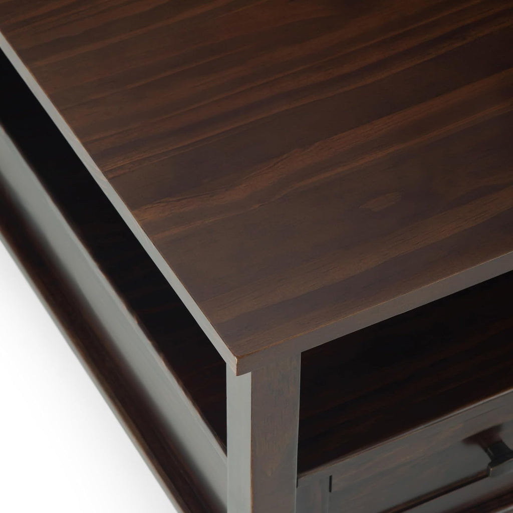 SIMPLIHOME Warm Shaker Square Coffee Table - 36 inch Wide Solid Wood Cocktail Table in Tobacco Brown, Transitional Living Room Table with Large Storage Drawer and Open Shelf for Sitting Area