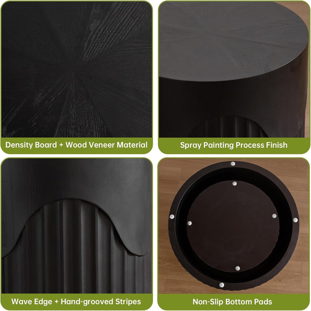 Round Nesting Coffee Table Modern Black Fluted Coffee Table Set of 2 Stripe Round Coffee Tables Drum Crescent Side Table Accent End Table for Living Room (Black C Large)