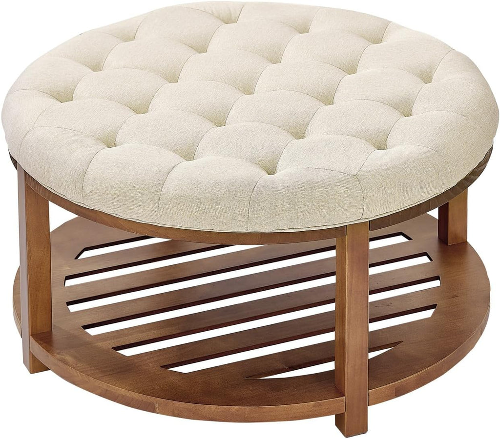 VEVOR Large Round Ottoman Coffee Table, 31.9 Inch Tufted Coffee Table with Solid Wood Shelf Storage, Linen Solid Upholstered Footrest Ottoman for Bedroom Living Room, 350 LBS, Linen Color