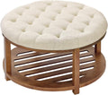 VEVOR Large Round Ottoman Coffee Table, 31.9 Inch Tufted Coffee Table with Solid Wood Shelf Storage, Linen Solid Upholstered Footrest Ottoman for Bedroom Living Room, 350 LBS, Linen Color