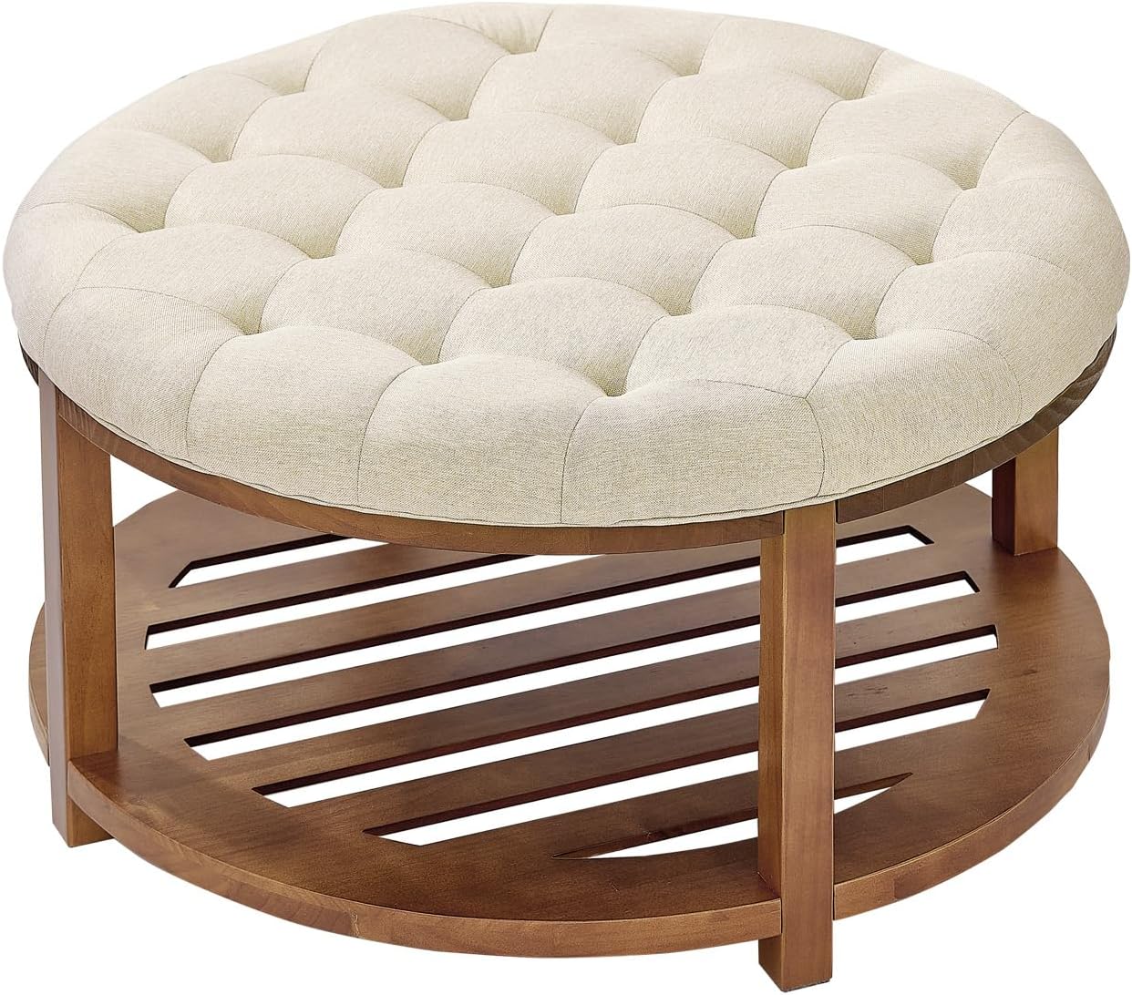VEVOR Large Round Ottoman Coffee Table, 31.9 Inch Tufted Coffee Table with Solid Wood Shelf Storage, Linen Solid Upholstered Footrest Ottoman for Bedroom Living Room, 350 LBS, Linen Color