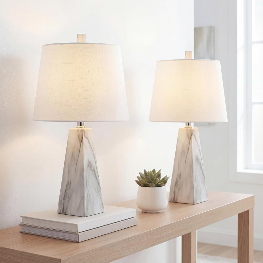 JONATHAN Y 20.5' White Marble Finish Modern Resin Table Lamp for Bedroom Living Room, Contemporary Faceted Bedside Lamp with White Linen Shade, LED Bulb Included (JYL1037A-SET2)