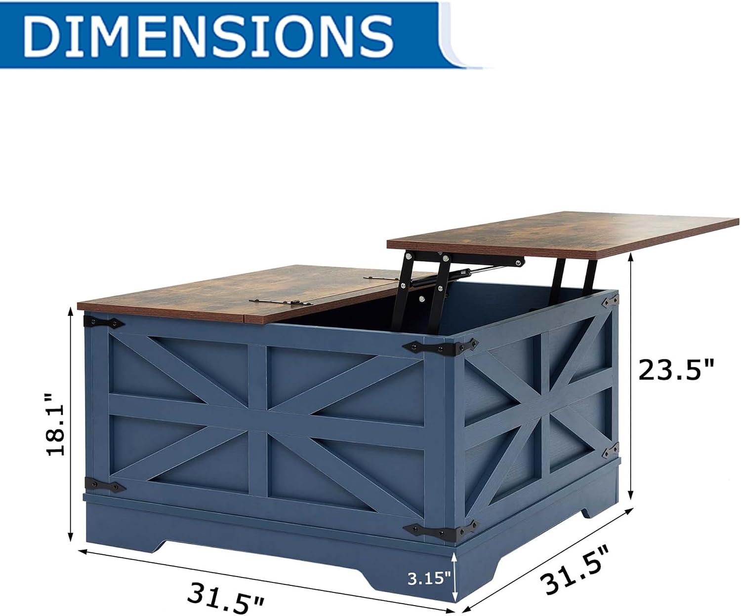 Lift Top Coffee Table, 31.5' Square Coffee Table with Storage, Farmhouse Coffee Tables for Living Room, Cocktail Tables with Large Hidden Compartment, Rustic Blue