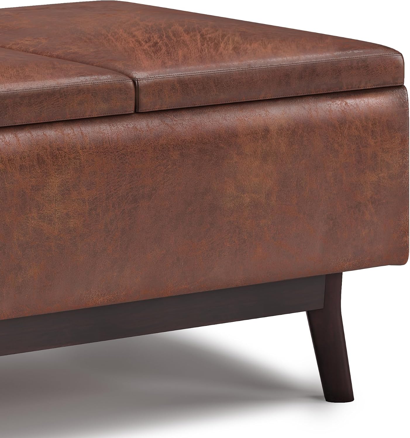 SIMPLIHOME Owen Tray Top Small Coffee Table Storage Ottoman - 34 inch Wide Upholstered Vegan Leather Rectangular Flip-Top Ottoman in Distressed Saddle Brown, Mid-Century Modern Ottoman for Living Room