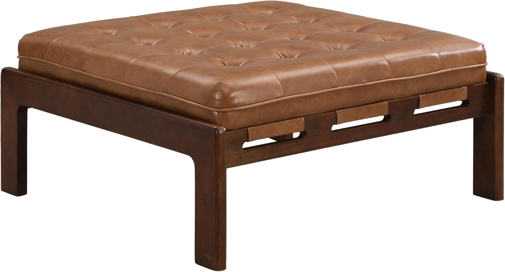 Merax 34'' Tufted Upholstered Cocktail Ottoman, Square Leather Ottoman Coffee Table, PU Leather Ottoman for Living Room, Bedroom, Office,Brown